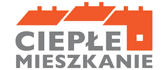 Logo "Ciepłe Mieszkanie" z rzędami pomarańczowych dachów domów nad szarym tekstem nazwy programu.